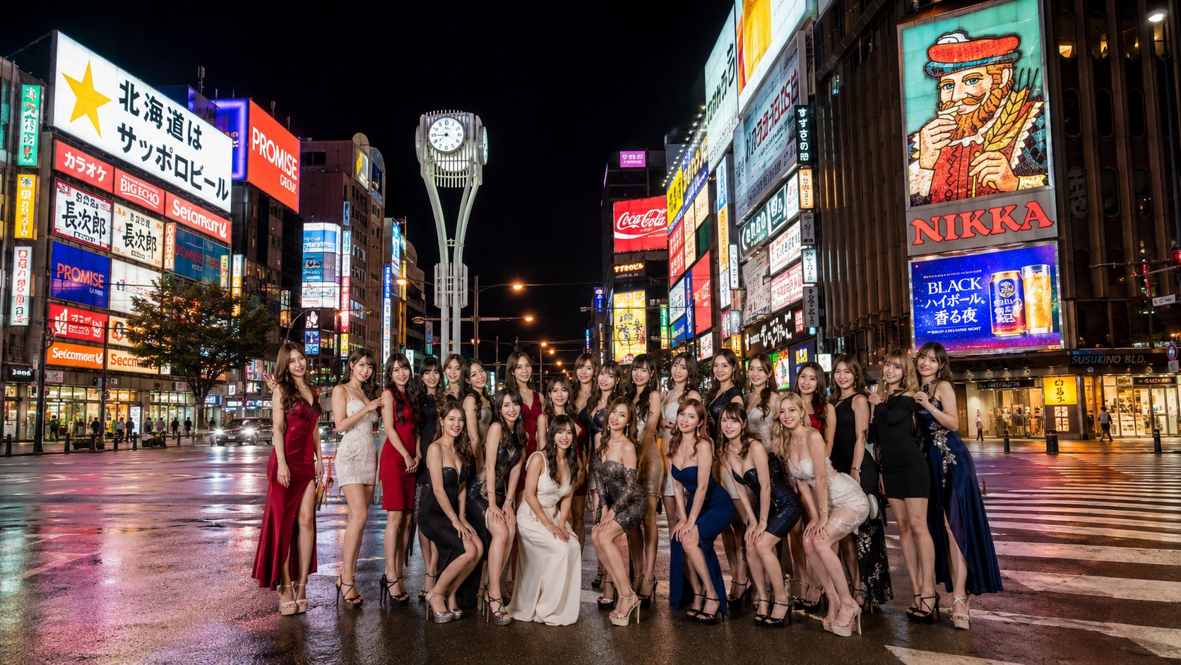 ススキノの夜景を背景に華やかな女性たちが並ぶ求人イメージ